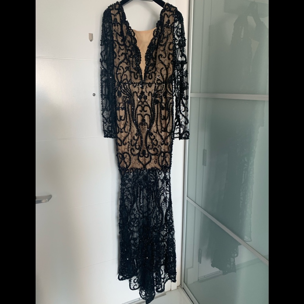 Albina Dyla Long Fitted Lace Beaded Dress